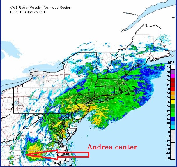 Andrea is producing heavy rain up and down the Atlantic coastline right now