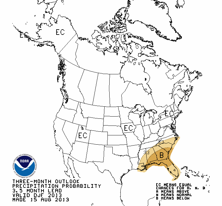 For the three month period between December 2013 and February 2014 most of the country has an equal chance of above average and below average precipitation.