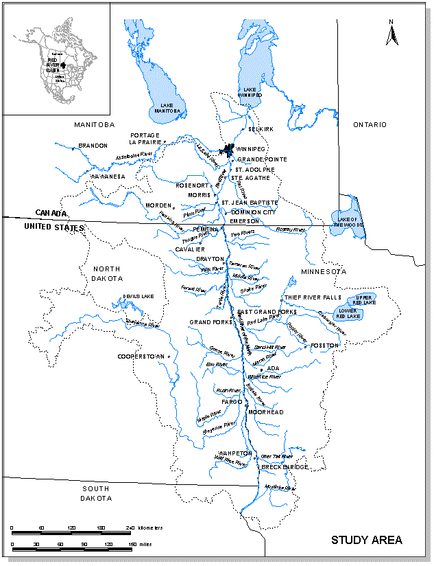 The Red River of the North flow north along the North Dakota-Minnesota border into Canada before dumping into Lake Winnipeg.