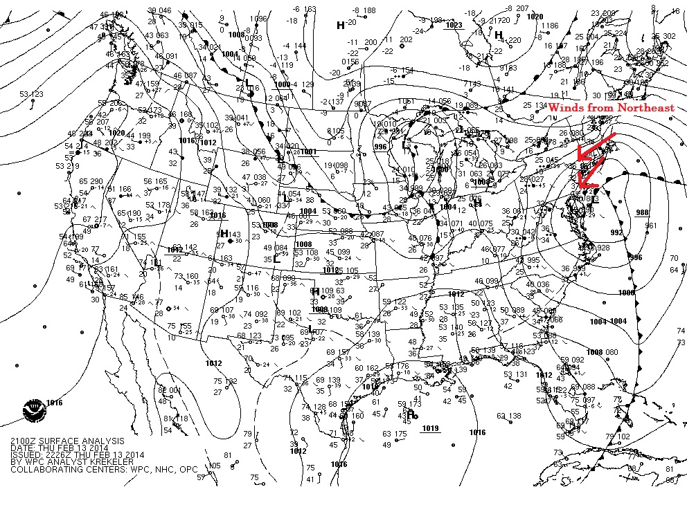 nor'easter surface winds 2/13/14