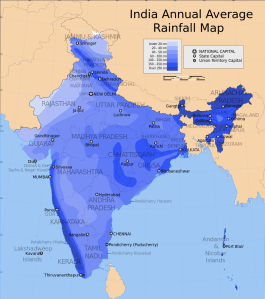 Annual rainfall across India. The high totals in the southwest and northeast are almost entirely from monsoon rains.