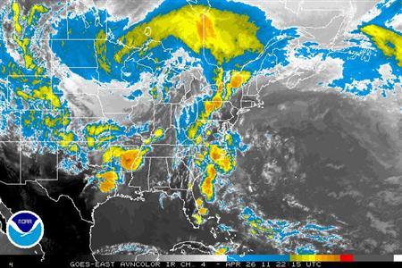 Infrared Satellite Image. Yellow, orange, and red colors are colder, higher clouds.
