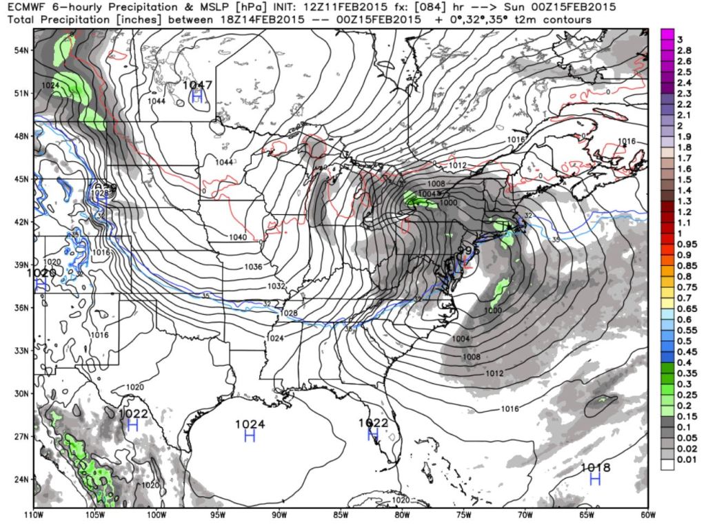 February 15th, 00z (7pm on the 14th): Storm reaches coastline, bands of heavier precipitation appear.