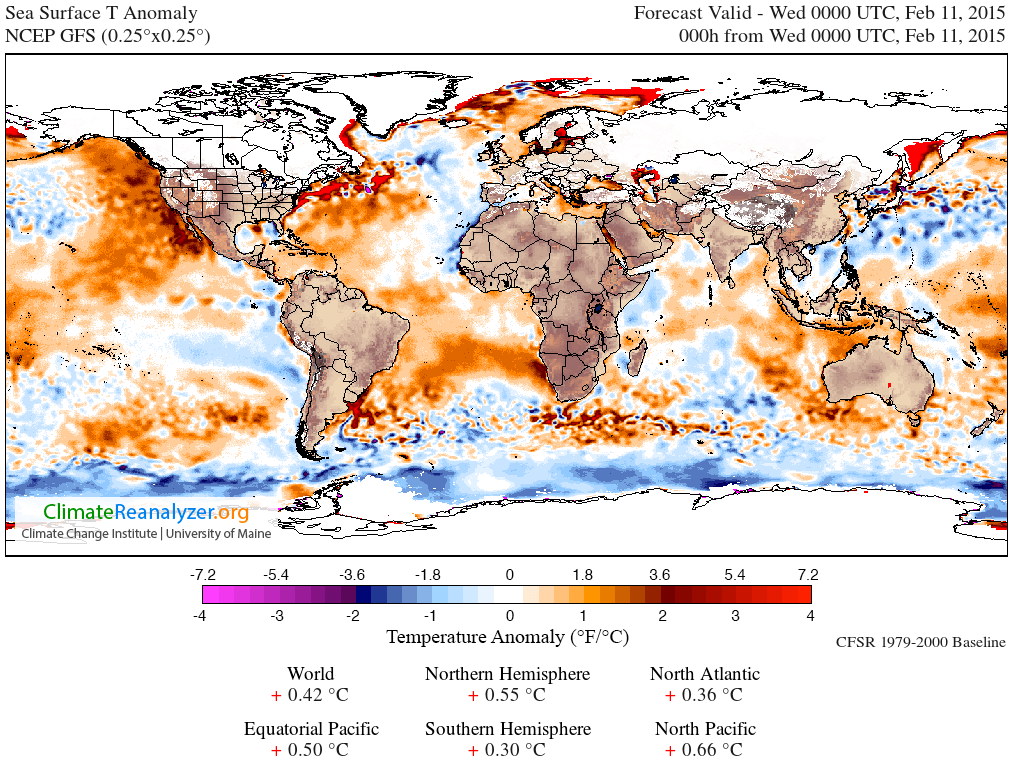 Sea surface temperature anomalies. Temperatures off of New England's coast especially high.