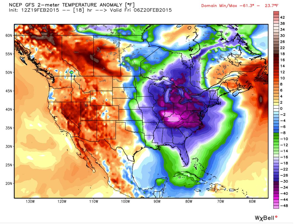 Updated: Temperature Anomaly forecast from the 2/19/2015 12Z European Model Run. Valid overnight. Everything east of Texas is below average (except Northern Maine, lucky them). Over 40 degrees F below average in Kentucky!